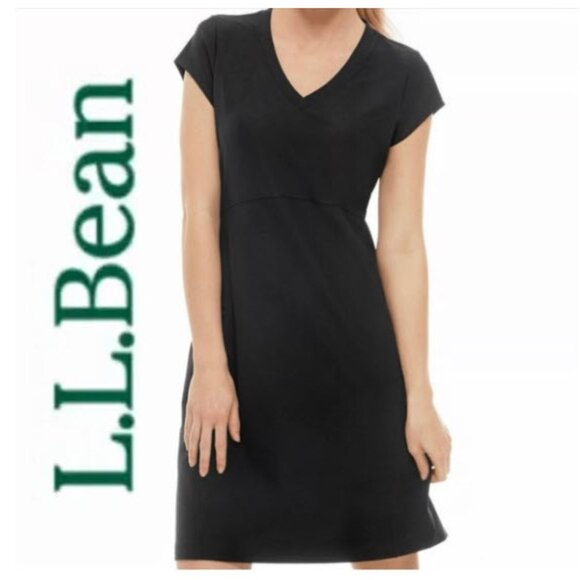L.L. Bean Black V-Neck Mini Dress Stretch Size Medium Side Zip Pocket - Picture 1 of 14